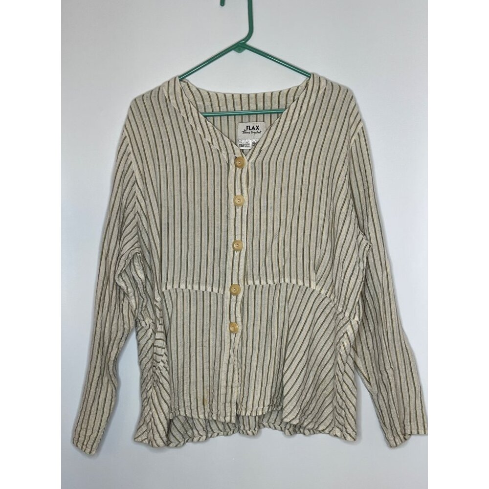 Flax Linen Button Front Jacket Shacket Textured Stripe Knit Cream Green Medium